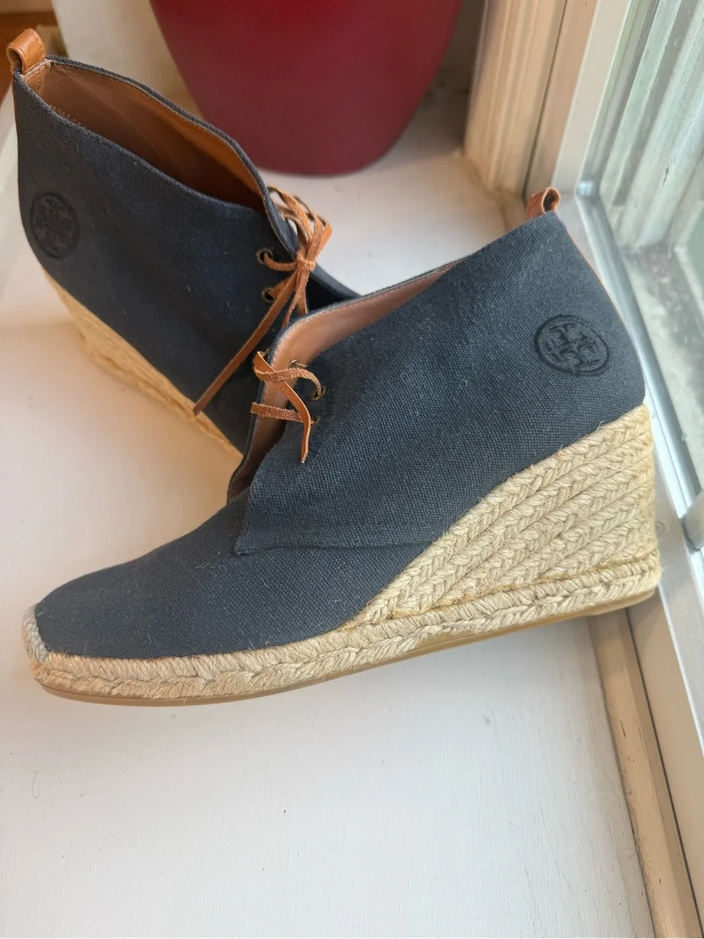 Tory Burch Navy blue Canvas Espadrille Wedge Booties size 9